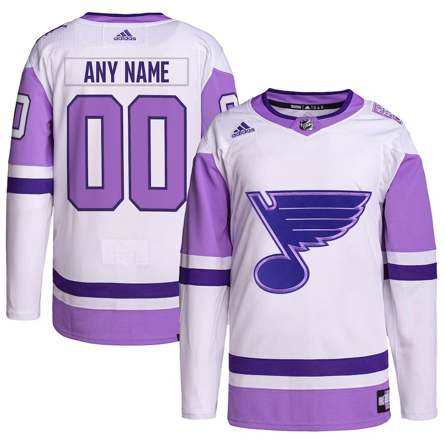 Men St. Louis Blues adidas White Purple Hockey Fights Cancer Primegreen Authentic Custom NHL Jersey